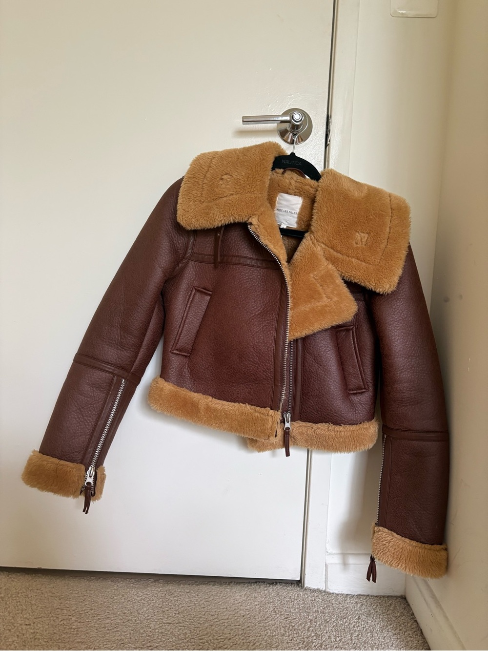 Avec Les Filles Caramel Faux Shearling Jacket with Brown Trim